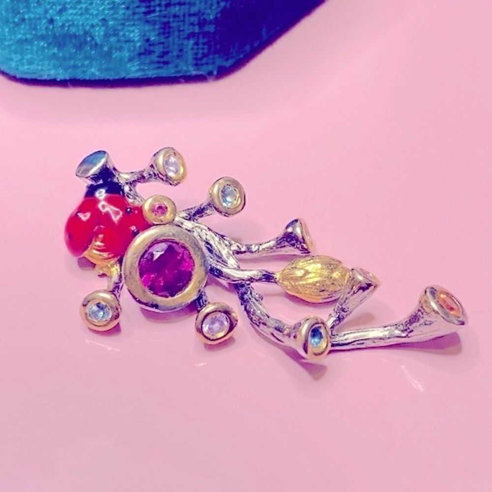 💛 Handmade 925 & 14k Yellow Gold Lady Bug Floral Gemstone Pendant